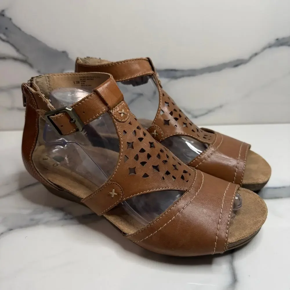 Earth Origins Wmns Tan Leather Hermia Wedge Sandals Sz 9.5 Festival Boho Comfort